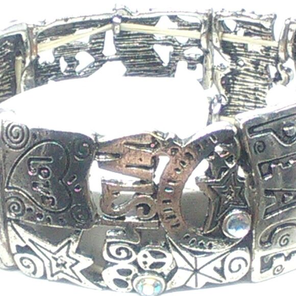 Silver-tone Inspiration Stretch Bracelet Cutouts Crystals Wish Love Peace Bless - Picture 3 of 6